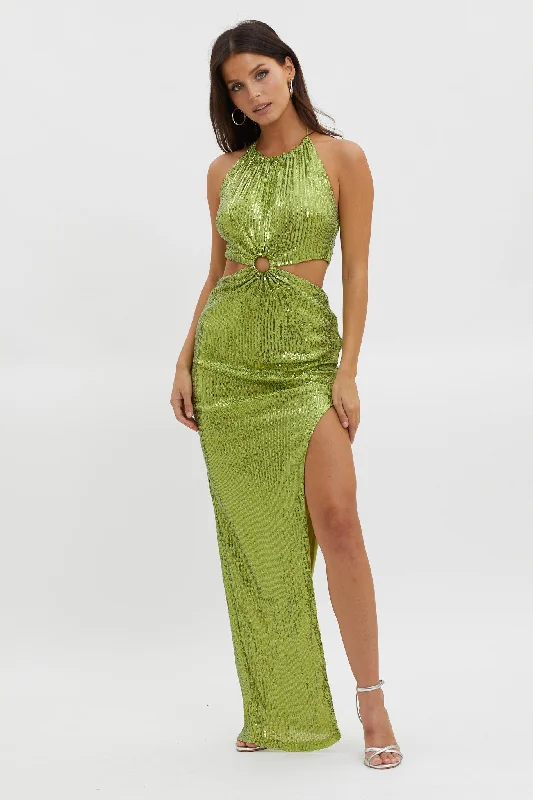 Astral Halterneck Sequin Dress Lime