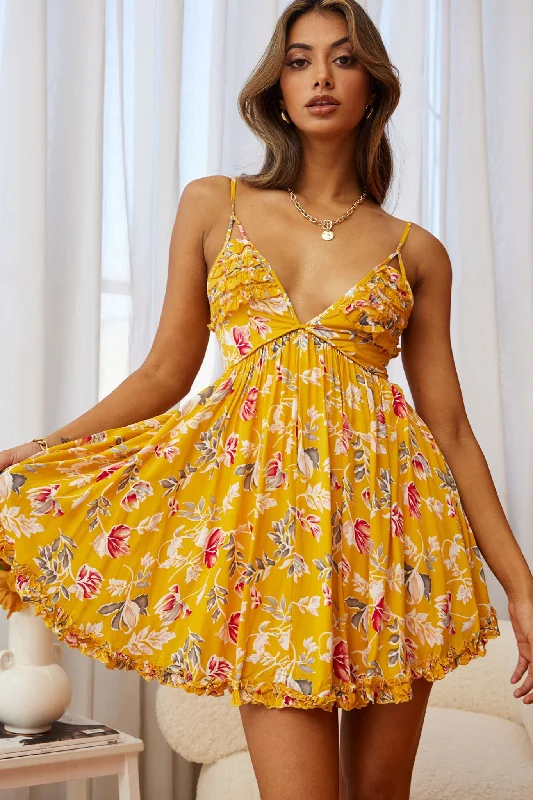 Dote On Me Frill Trim Strappy Back Dress Flower Print Mustard