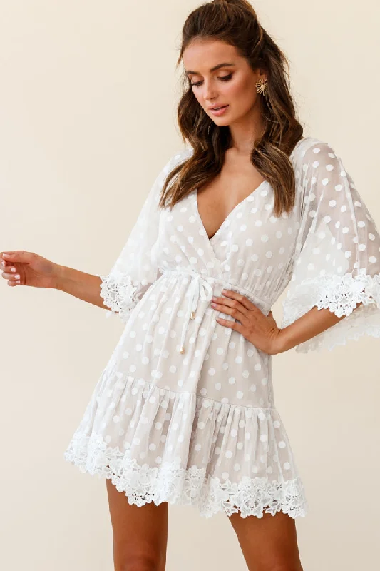 Dream On Flared Sleeve Lace Trim Polka Dot Mesh Dress White