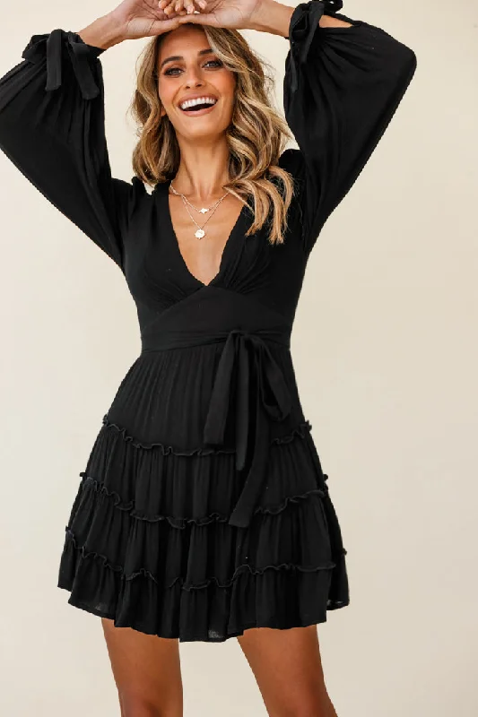 Jocelyn Long Sleeve Tied Cuff Frill Dress Black