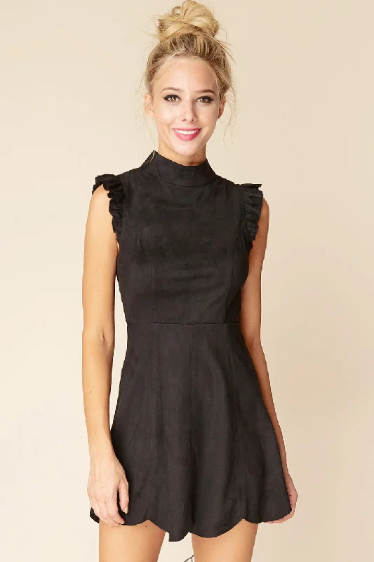 Kylie Ruffled Sleeve Suede Dress Black