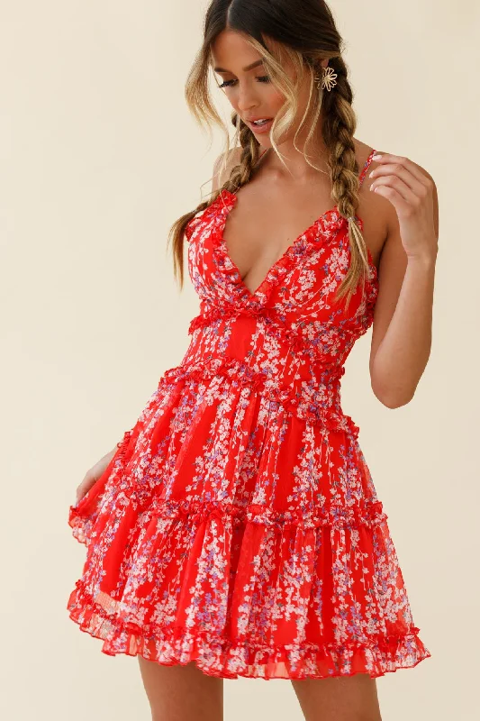 Laney Low Back Cami Strap Dress Floral Vine Print Red