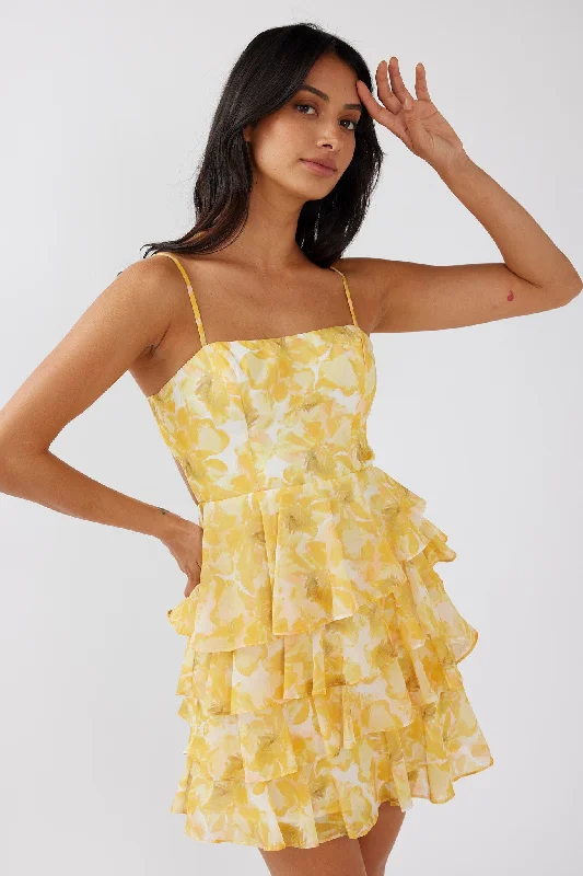 Lauran Tied Back Frill Dress Floral Yellow