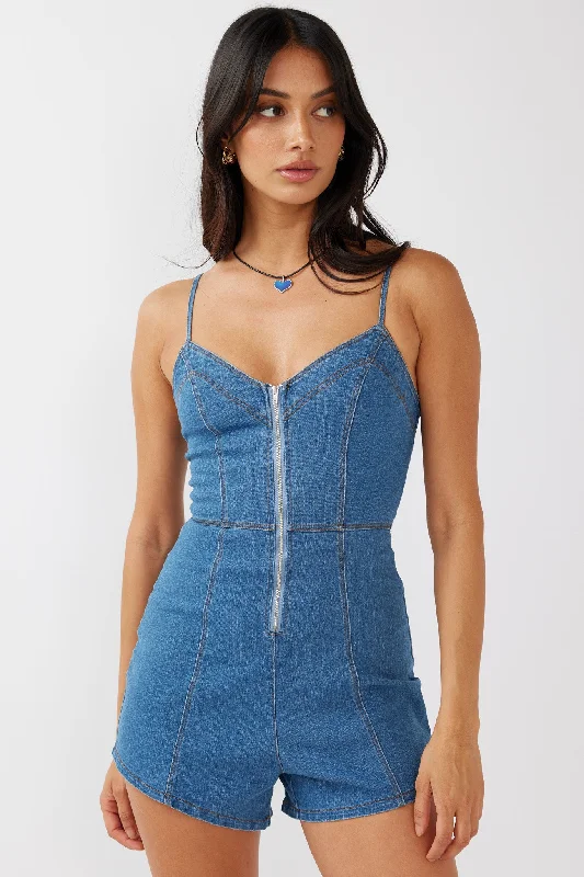 Lyric Cami Strap Zipper Front Romper Dark Blue