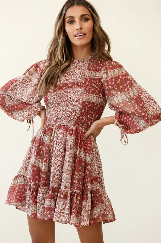 Marja Long Balloon Sleeve Shirred Dress Paisley Print Burgundy