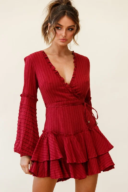 Neve Balloon Sleeve Layered Ruffle Hem Dress Wine