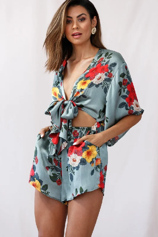 Rivera Tie-Knot Bell Sleeve Romper Sage