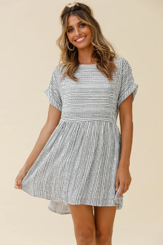 Susie Rolled Sleeve Crew Neck Swing Dress Stripe Pattern Black