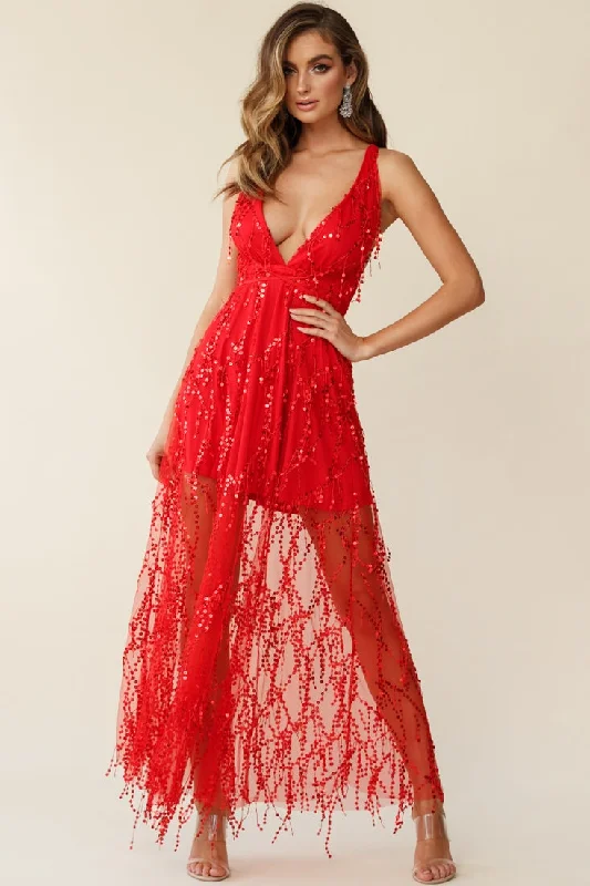 Tiara Sequin Maxi Dress Red