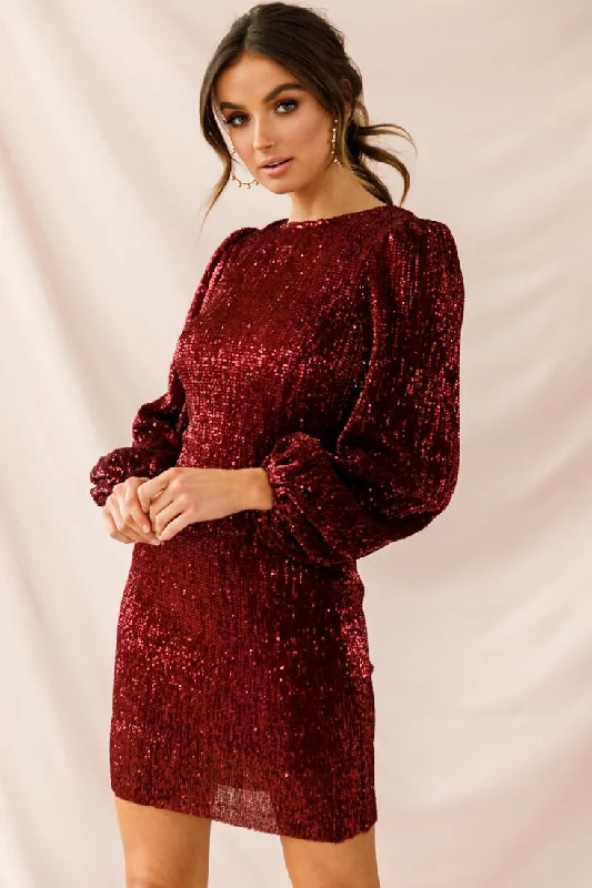 Tinsel Long Sleeve Sequin Mini Dress Plum