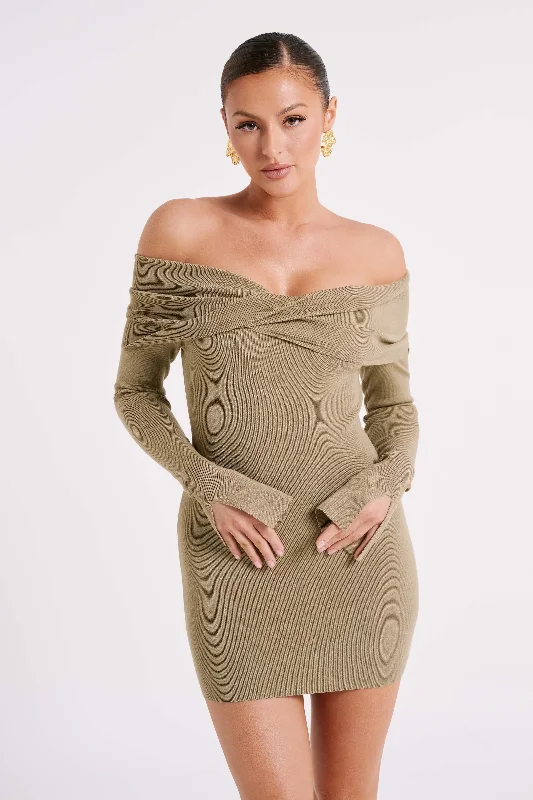 Clover Off Shoulder Knit Mini Dress - Olive