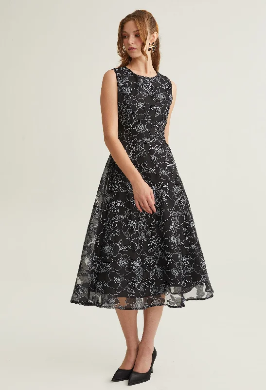 Floral Embossed Chiffon Layered Midi Dress