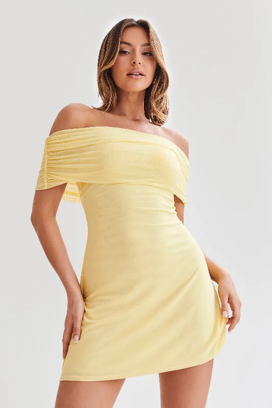 Josie Off Shoulder Mesh Mini Dress - Lemon