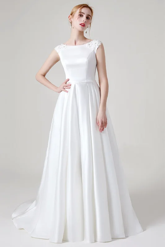 A-Line Sweep-Brush Train Satin Wedding Dress CW2959