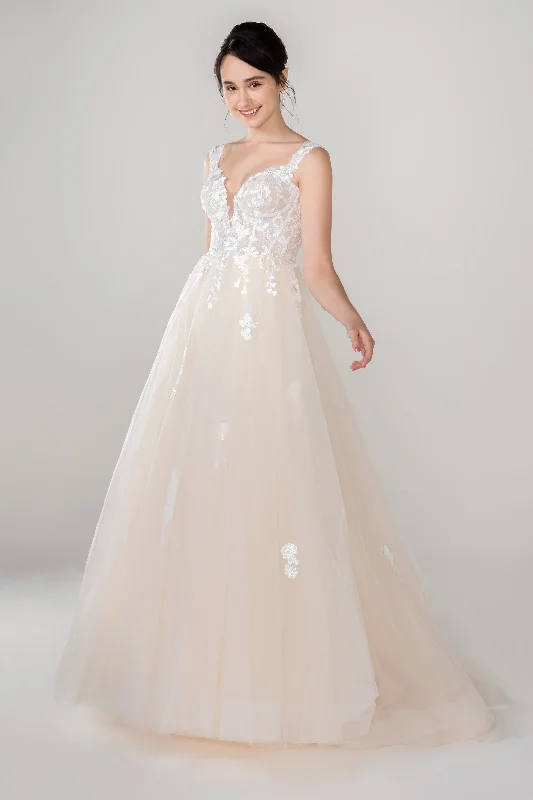 A-Line Sweep-Brush Train Tulle Lace Wedding Dress CW2536