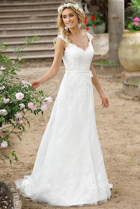 A-Line V-Neck Cap-Sleeve Lace Wedding Dress With Illusion - MK_702701