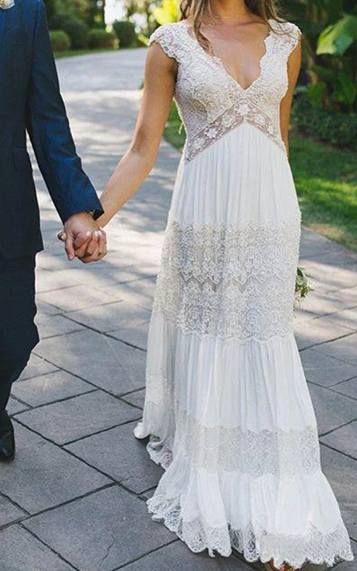 Boho Sheath Sleeveless Lace Wedding Dress Beach Country Garden Court Scalloped Floor-length Casual Bohemian Elegant