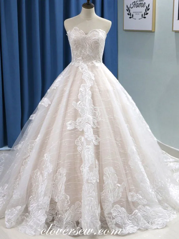 Champagne Lace Sweetheart Strapless Ball Gown Wedding Dresses, CW0177