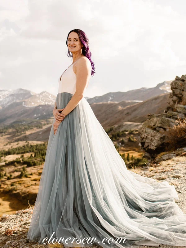 Dusty Blue Tulle White Top Sleeveless Boho Beach Wedding Dresses, CW0252