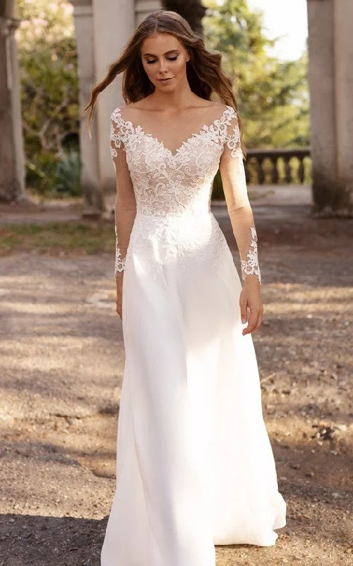 Elegant Bateau A Line Floor-length Sweep Train Long Sleeve Wedding Dress With Appliques-716030