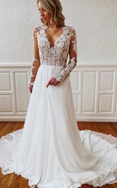 Elegant V-neck A Line Floor-length Court Train Long Sleeve Wedding Dress With Appliques-716031