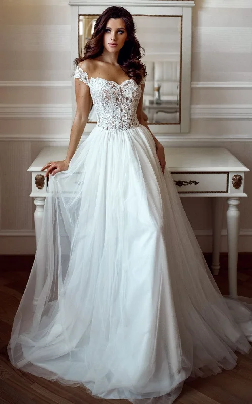 Ethereal A Line Chiffon Off-the-shoulder Sweep Train Wedding Dress-716086