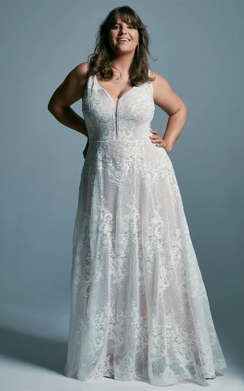 Ethereal Bohemian Plus Size A Line Lace Wedding Dress with Ruching-716150