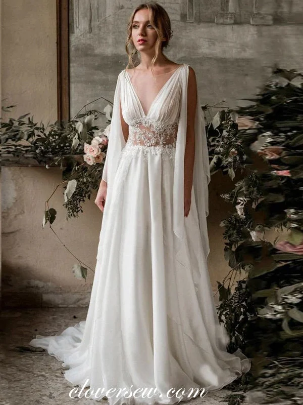 Fashion Goddess Style Chiffon Lace V-neck A-Line Wedding Dresses, CW0247