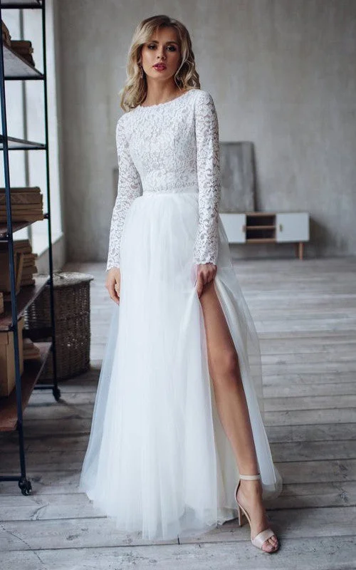 Lace Tulle Floor-length Sweep Train Two Piece Long Sleeve Simple Wedding Dress-716005