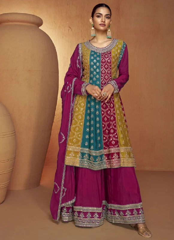 Magenta Multi Sequence Embroidery Anarkali Palazzo Suit