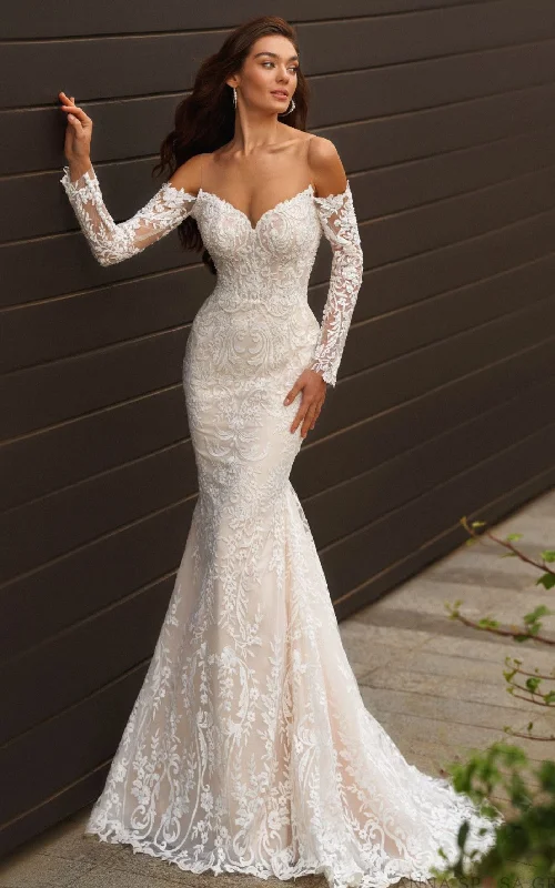 Mermaid Off-the-shoulder V-neck Lace Beach Wedding Dress With Illusion Sleeves And Appliques-716655