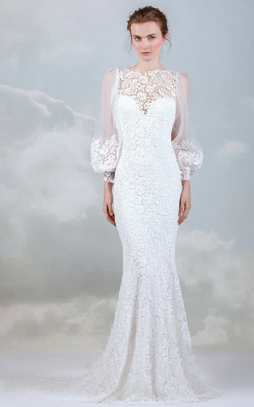 Modern Lace Bateau Long Sleeve Wedding Dress With Low-V Back-716168