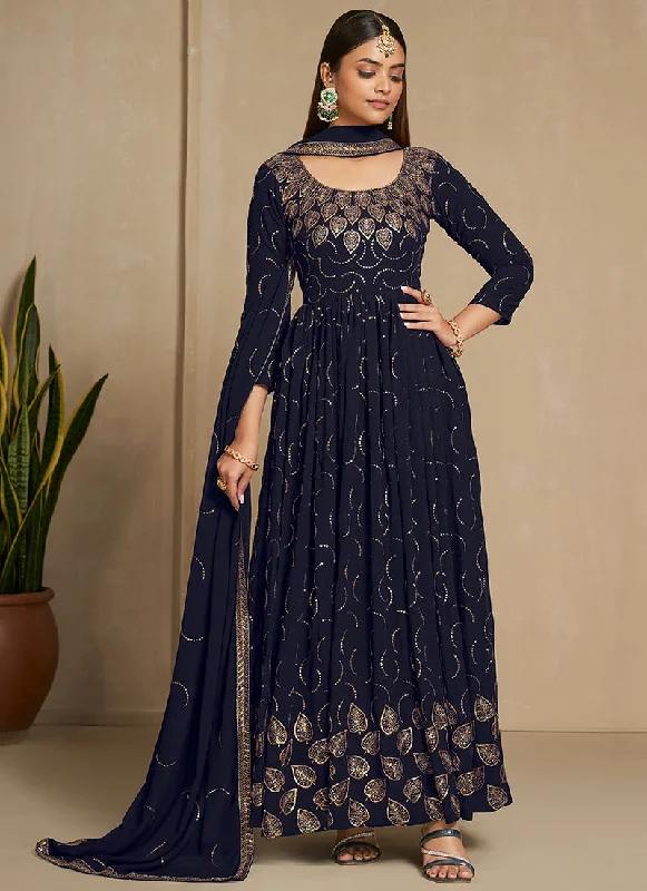 Navy Blue Golden Embroidery Festive Anarkali Gown