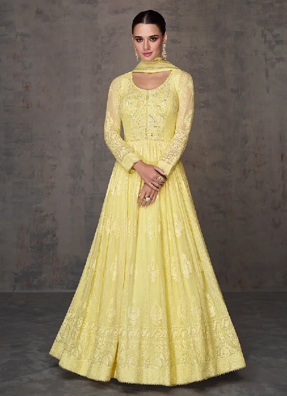 Pale Yellow Lucknowi Mirror Work Embroidery Anarkali Gown