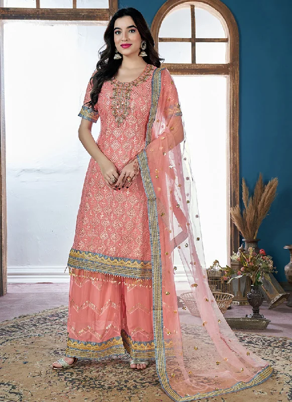 Peach Golden Sequence Embroidery Traditional Palazzo Suit