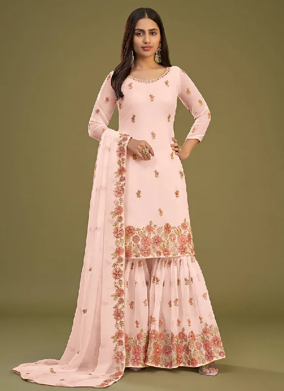 Peach Sequence Embroidery Traditional Gharara Style Suit