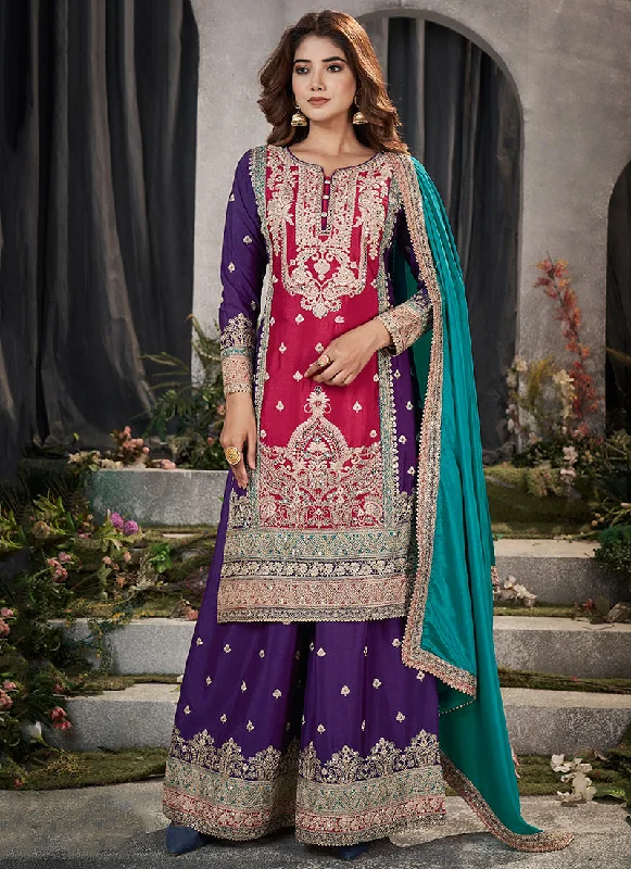 Purple And Rani Pink Embroidery Traditional Palazzo Suit