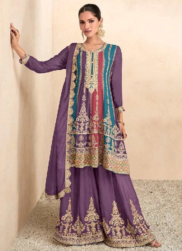 Purple Sequence Embroidery Anarkali Gharara Suit