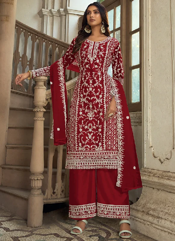 Red Embroidery Pakistani Pant Style Suit