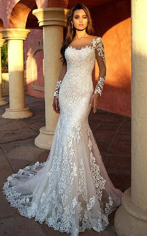 Sexy Mermaid Lace Tulle Long Sleeve Wedding Dress Country Garden Elegant Romantic Bateau Neck Sweep Train-716816