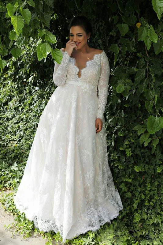 Sexy Sheer V Neck Long Sleeves Lace Floor Length Garden Plus Size Wedding Dress-715403