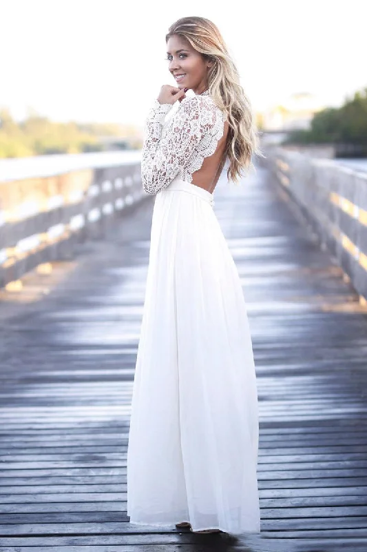 Simple Boho Illusion Lace Long Sleeve V Neck Wedding Dress With Open Back-715812