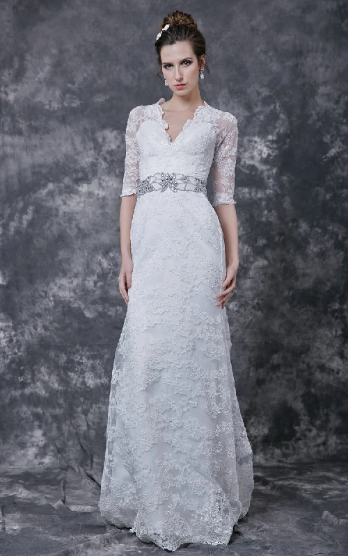 Stylish 3 4 Sleeve Long Lace Dress With Crystal Embellished Waist-ZP_706220