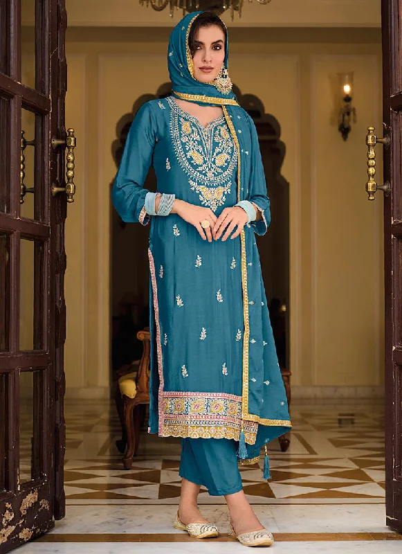 Turquoise Sequence Embroidery Designer Pant Style Suit