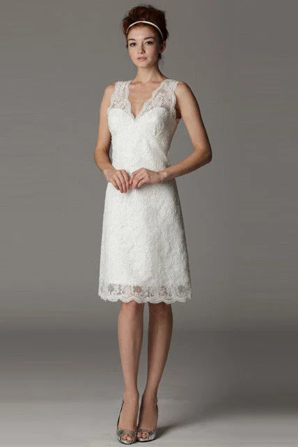 V-Neck Sleeveless Short Lace Wedding Dress-MK_701291