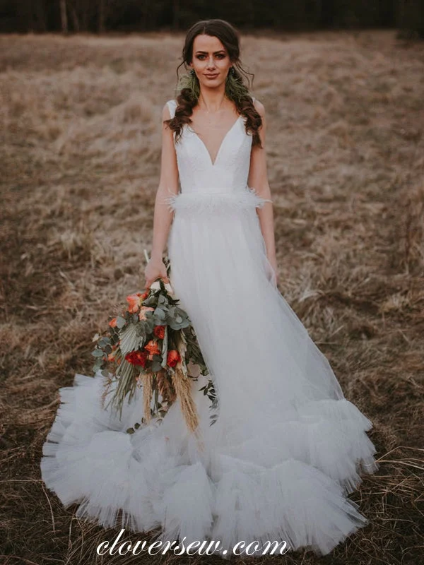 V-neck White Tulle Sleevelss With Feather Belt Wedding Dresses, CW0222