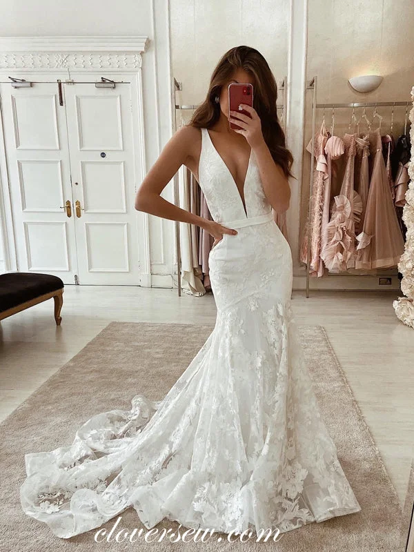 Vintage Lace Sleeveless Mermaid V-neck Wedding Dresses, CW0186