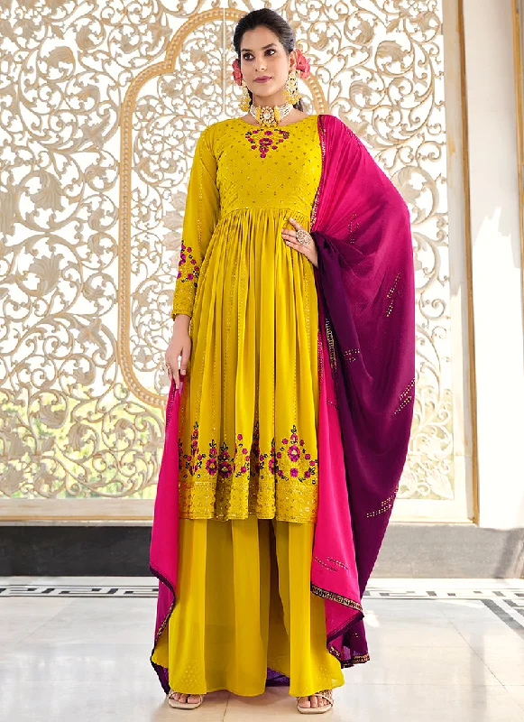 Yellow And Purple Multi Embroidery Anarkali Palazzo Suit