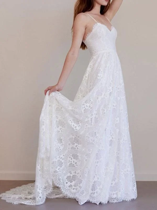 Beach Wedding Dress A Line Sweetheart Neck Straps Floor Length Lace Bridal Gown With Train