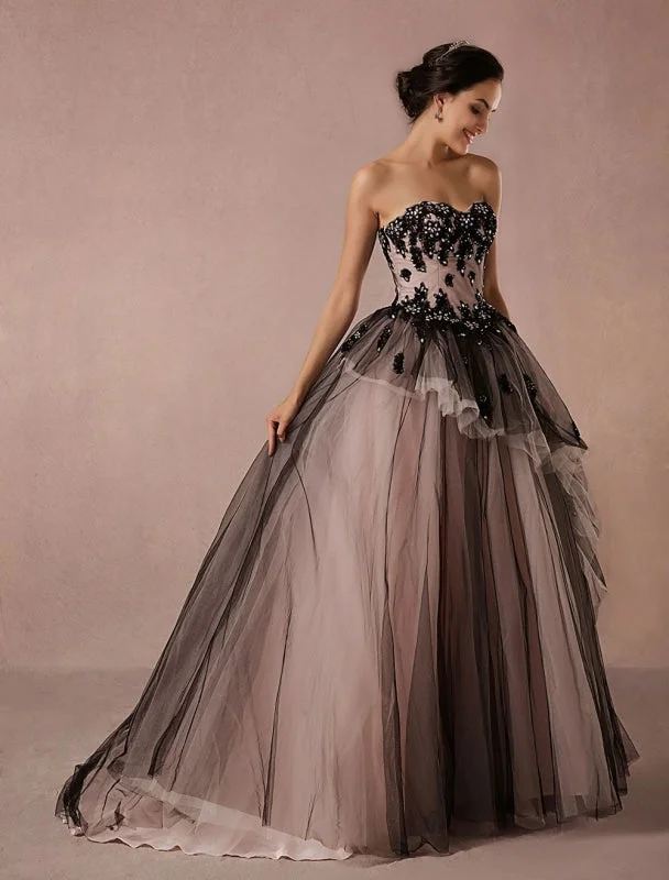 Black Wedding Dress Lace Tulle Chapel Train Bridal Gown Strapless Sweetheart A-Line Luxury Princess Pageant Dress